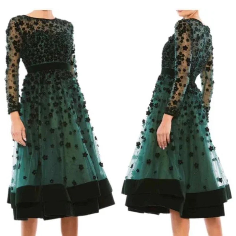 NWT Mac Duggal 67007 Embellished Illusion High Neck Long Sleeve Velvet Dress - Picture 3 of 8